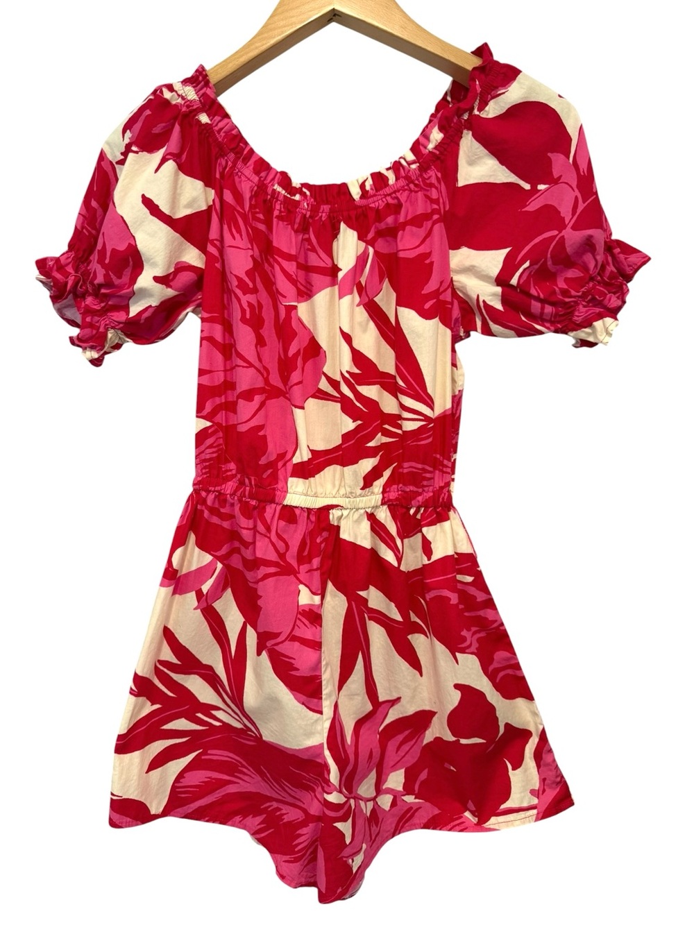 Flying Tomato Tropical Floral Puff Sleeve Romper Pink Cream Small - Picture 2 of 10